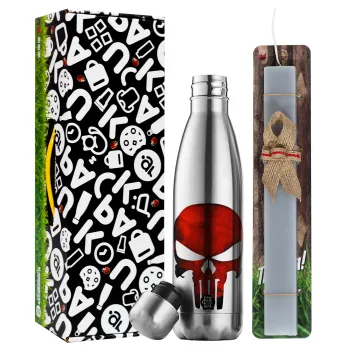 Red skull, Easter Set, metallic stainless thermos flask (500ml) & scented flat Easter candle (30cm) (GRAY)