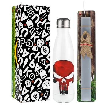 Red skull, Πασχαλινή Λαμπάδα με μεταλλικό παγούρι θερμός λευκός (500ml) & λαμπάδα αρωματική πλακέ (30cm) (ΓΚΡΙ)