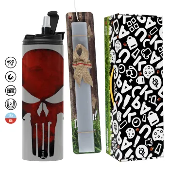 Red skull, Πασχαλινή Λαμπάδα με Travel Tumbler θερμό (600ml, BPA free) & κερί αρωματικό πλακέ (30cm) (ΓΚΡΙ)