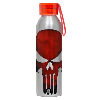 Red skull, Αλουμινένιο Αθλητικό Μπουκάλι 650ml – Ασημί με Κόκκινο Καπάκι και Λουράκι Σιλικόνης