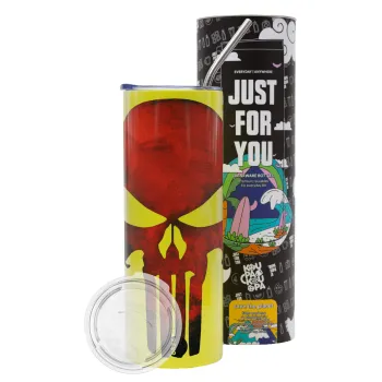 Red skull, Neon Yellow Travel Tumbler θερμό, μεταλλικό καλαμάκι(Ανωξείδωτο 304 Food grade, BPA free, 600ml)