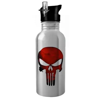 Red skull, Παγούρι νερού Ασημένιο με καλαμάκι, ανοξείδωτο ατσάλι 600ml