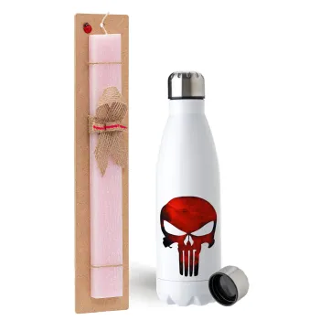 Red skull, Easter Set, metallic stainless steel water bottle (750ml) & scented flat Easter candle (30cm) (PINK)