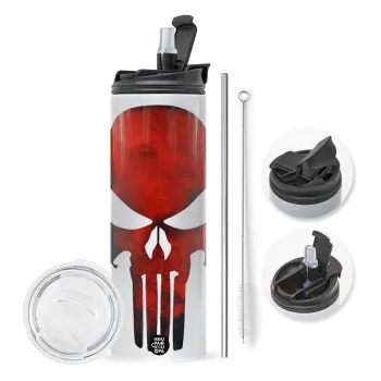 Red skull, Travel Tumbler θερμό με διπλό καπάκι, μεταλλικό καλαμάκι και βούρτσα καθαρισμού (Ανωξείδωτο 304 Food grade, BPA free, 600ml)