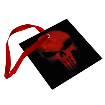 Red skull, Στολίδι Χριστουγεννιάτικο στολίδι γυάλινο τετράγωνο 9x9cm