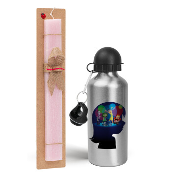Τα Μυαλά που Κουβαλάς, Easter Set, metallic Silver aluminum water bottle (500ml) & scented flat Easter candle (30cm) (PINK)