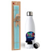 Easter Set, metallic stainless steel water bottle (750ml) & aromatic flat Easter candle (30cm) (TURQUOISE)