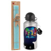 Easter Set, metallic silver aluminum water bottle (500ml) & scented flat Easter candle (30cm) (TURQUOISE)