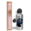 Easter Set, metallic Silver aluminum water bottle (500ml) & scented flat Easter candle (30cm) (PINK)