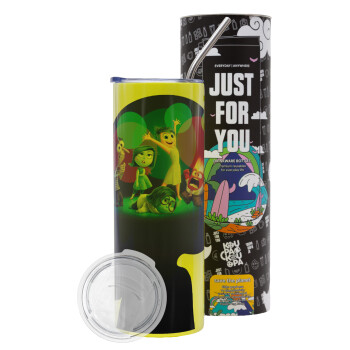 Τα Μυαλά που Κουβαλάς, Neon Yellow Travel Tumbler, with metal straw (Stainless steel 304 Food grade, BPA free, 600ml)