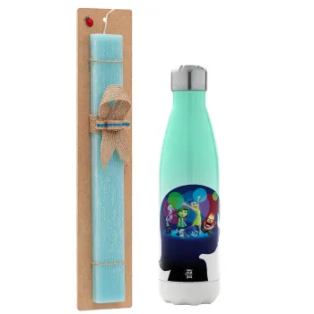 Τα Μυαλά που Κουβαλάς, Easter Set, Metallic green/white thermos (Stainless steel), double-walled, 500ml & scented flat Easter candle (30cm) (TURQUOISE)