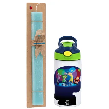 Τα Μυαλά που Κουβαλάς, Easter Set, Children's thermal stainless steel bottle with safety straw, green/blue (350ml) & aromatic flat Easter candle (30cm) (TURQUOISE)