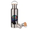 Μεταλλικό παγούρι θερμός (Stainless steel) Ασημένιο με ξύλινο καπακι (bamboo), διπλού τοιχώματος, 750ml