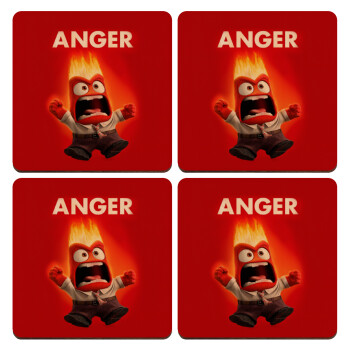 Anger, Θυμός, ΣΕΤ x4 Σουβέρ ξύλινα τετράγωνα plywood (9cm)