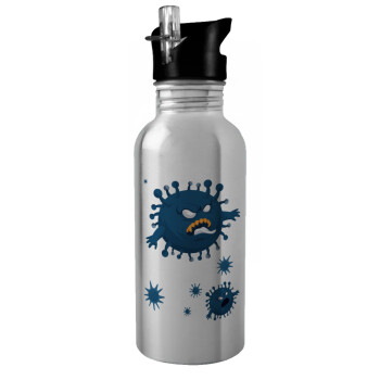 monster virus, Water bottle Silver with straw, stainless steel 600ml