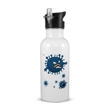 monster virus, White water bottle with straw, stainless steel 600ml