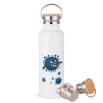 monster virus, Stainless steel White with wooden lid (bamboo), double wall, 750ml