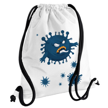 monster virus, Τσάντα πλάτης πουγκί GYMBAG λευκή, με τσέπη (40x48cm) & χονδρά κορδόνια