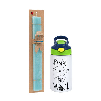 Pink Floyd, The Wall, Easter Set, Children's thermal stainless steel bottle with safety straw, green/blue (350ml) & aromatic flat Easter candle (30cm) (TURQUOISE)