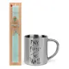 Easter Set, metallic thermal cup (300ml) & aromatic flat Easter candle (30cm) (TURQUOISE)