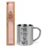 Easter Set, metallic thermal cup (300ml) & aromatic flat Easter candle (30cm) (PINK)