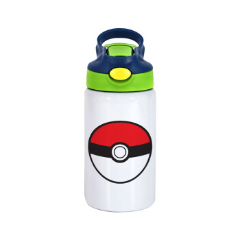 Pokemon ball, Children's hot water bottle, stainless steel, with safety straw, green, blue (350ml)