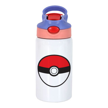 Pokemon ball, Children's hot water bottle, stainless steel, with safety straw, pink/purple (350ml)