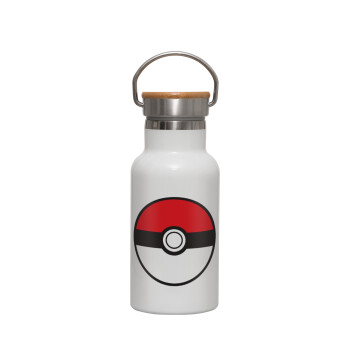 Pokemon ball, Μεταλλικό παγούρι θερμός (Stainless steel) Λευκό με ξύλινο καπακι (bamboo), διπλού τοιχώματος, 350ml