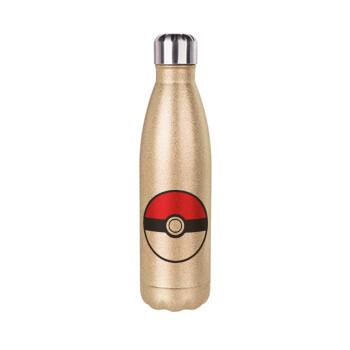 Pokemon ball, Μεταλλικό παγούρι θερμός Glitter χρυσό (Stainless steel), διπλού τοιχώματος, 500ml