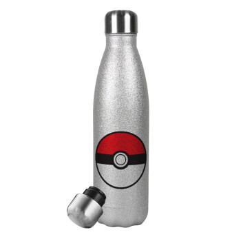 Pokemon ball, Μεταλλικό παγούρι θερμός Glitter Aσημένιο (Stainless steel), διπλού τοιχώματος, 500ml