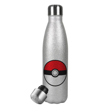 Pokemon ball, Metallic Glitter Silver Thermos Flask (Stainless steel), double-walled, 500ml