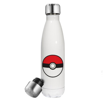 Pokemon ball, Μεταλλικό παγούρι θερμός Λευκό (Stainless steel), διπλού τοιχώματος, 500ml