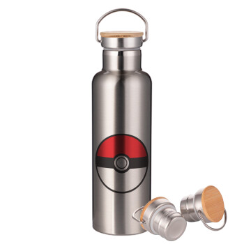 Pokemon ball, Stainless steel Silver with wooden lid (bamboo), double wall, 750ml