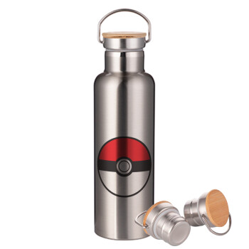 Pokemon ball, Μεταλλικό παγούρι θερμός (Stainless steel) Ασημένιο με ξύλινο καπακι (bamboo), διπλού τοιχώματος, 750ml