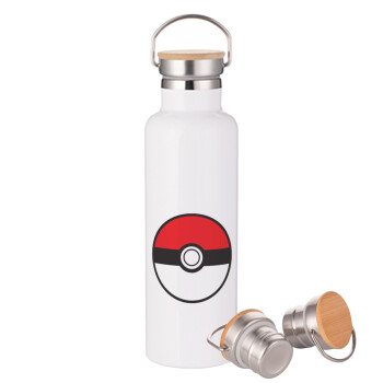 Pokemon ball, Stainless steel White with wooden lid (bamboo), double wall, 750ml