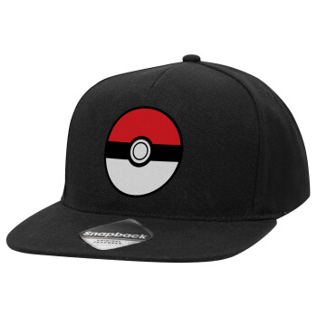 Pokemon ball, Καπέλο Ενηλίκων Flat Snapback Μαύρο, (100% ΒΑΜΒΑΚΕΡΟ TWILL, ΕΝΗΛΙΚΩΝ, UNISEX, ONE SIZE)