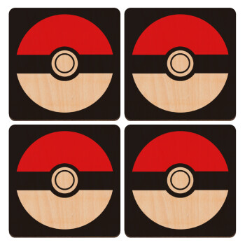 Pokemon ball, ΣΕΤ x4 Σουβέρ ξύλινα τετράγωνα plywood (9cm)