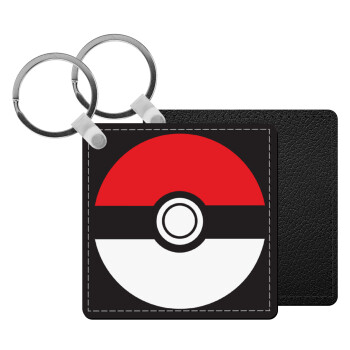 Pokemon ball, Μπρελόκ Δερματίνη, τετράγωνο ΜΑΥΡΟ (5x5cm)