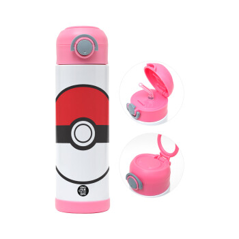 Pokemon ball, Children's hot water bottle, stainless steel, with safety straw, PINK (500ml)