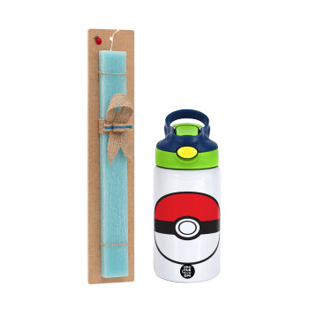 Pokemon ball, Easter Set, Children's thermal stainless steel bottle with safety straw, green/blue (350ml) & aromatic flat Easter candle (30cm) (TURQUOISE)