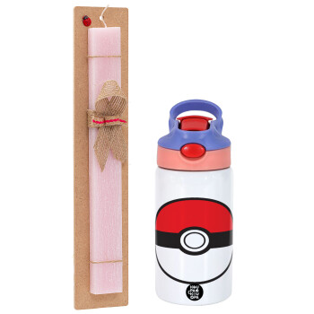 Pokemon ball, Easter Set, Children's thermal stainless steel water bottle with safety straw, pink/purple (350ml) & Easter scented flat candle (30cm) (PINK)