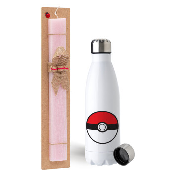 Pokemon ball, Easter Set, metallic stainless steel water bottle (750ml) & scented flat Easter candle (30cm) (PINK)