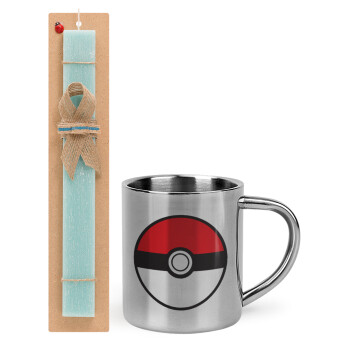 Pokemon ball, Easter Set, metallic thermal cup (300ml) & aromatic flat Easter candle (30cm) (TURQUOISE)