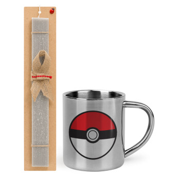 Pokemon ball, Easter Set, metallic thermal cup (300ml) & Easter aromatic flat candle (30cm) (GRAY)