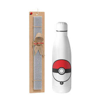 Pokemon ball, Easter Set, metallic stainless thermos bottle (500ml) & scented flat Easter candle (30cm) (GRAY)