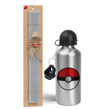 Pokemon ball, Easter Set, metallic silver aluminum water bottle (500ml) & aromatic flat Easter candle (30cm) (GRAY)