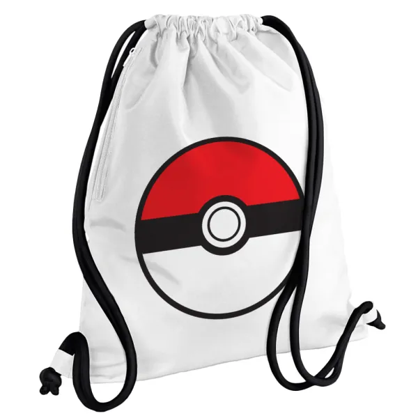 Pokemon ball — Backpack pouch GYMBAG white, with pocket (40x48cm) & thick cords