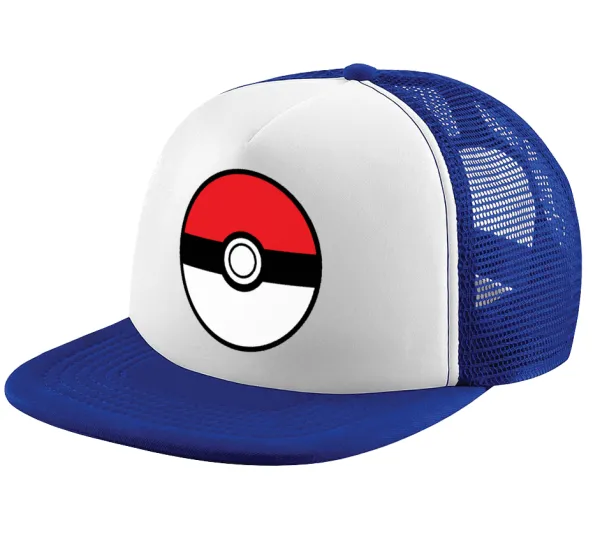 Pokemon ball — Adult Soft Trucker Hat with Blue/White Mesh (POLYESTER, ADULT, UNISEX, ONE SIZE)