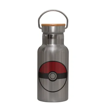 Pokemon ball, Μεταλλικό παγούρι θερμός (Stainless steel) Ασημένιο με ξύλινο καπακι (bamboo), διπλού τοιχώματος, 350ml