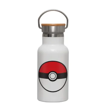 Pokemon ball, Μεταλλικό παγούρι θερμός (Stainless steel) Λευκό με ξύλινο καπακι (bamboo), διπλού τοιχώματος, 350ml